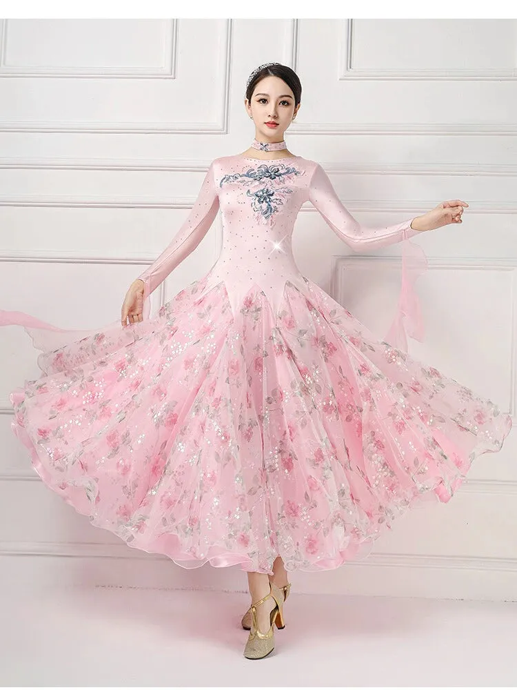 Light pink competition national ballroom dance dresses for women girls juvenile waltz tango social dance dress diamonds dance costumes