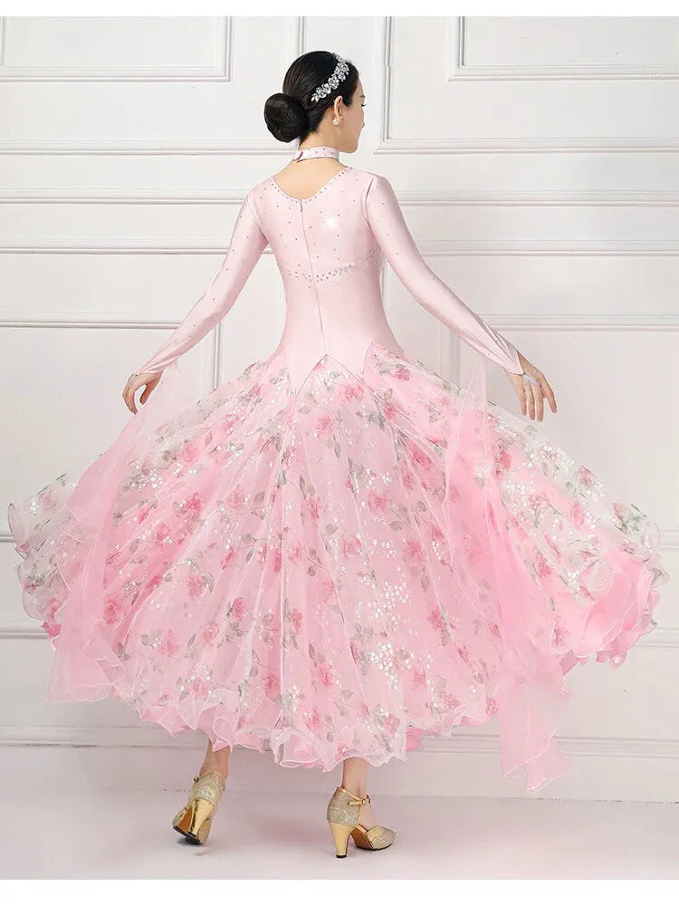Light pink competition national ballroom dance dresses for women girls juvenile waltz tango social dance dress diamonds dance costumes