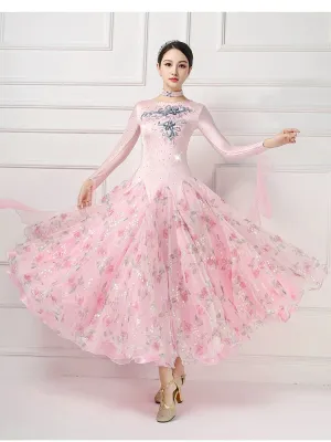 Light pink competition national ballroom dance dresses for women girls juvenile waltz tango social dance dress diamonds dance costumes