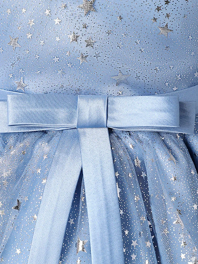 Light Sky Blue Jewel Neck Half Sleeves Sequins Formal Kids Pageant flower girl dresses