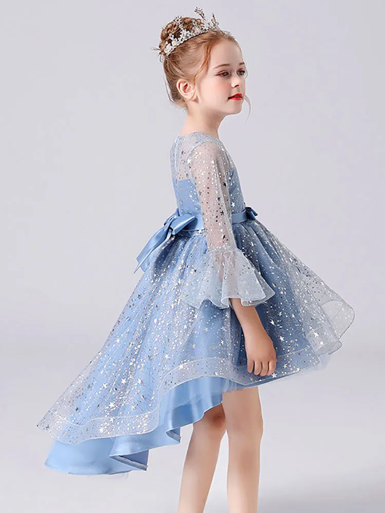 Light Sky Blue Jewel Neck Half Sleeves Sequins Formal Kids Pageant flower girl dresses