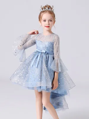 Light Sky Blue Jewel Neck Half Sleeves Sequins Formal Kids Pageant flower girl dresses