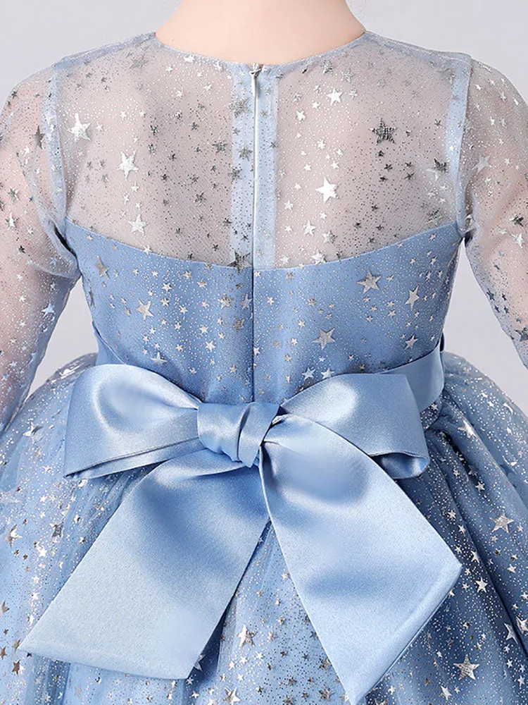 Light Sky Blue Jewel Neck Half Sleeves Sequins Formal Kids Pageant flower girl dresses
