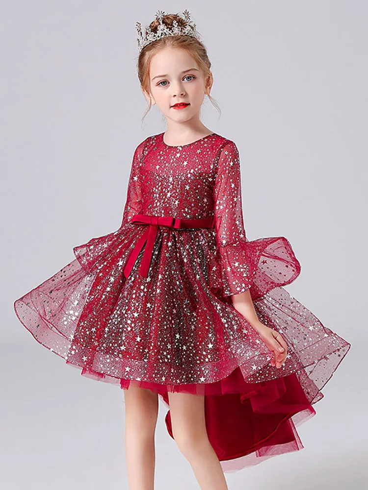 Light Sky Blue Jewel Neck Half Sleeves Sequins Formal Kids Pageant flower girl dresses