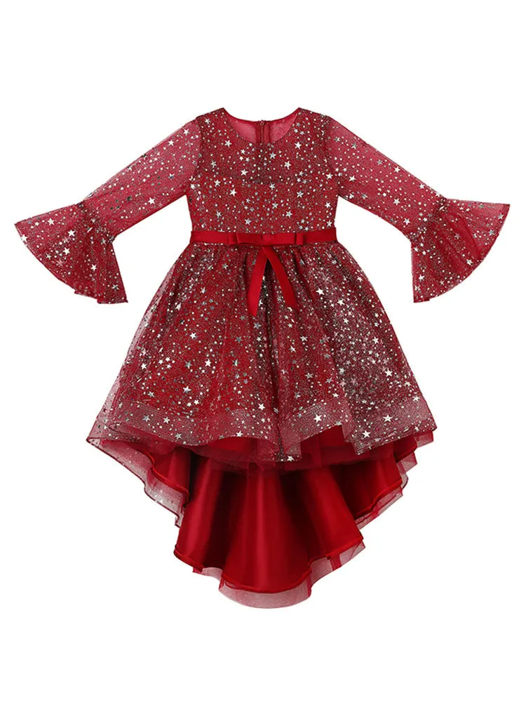 Light Sky Blue Jewel Neck Half Sleeves Sequins Formal Kids Pageant flower girl dresses