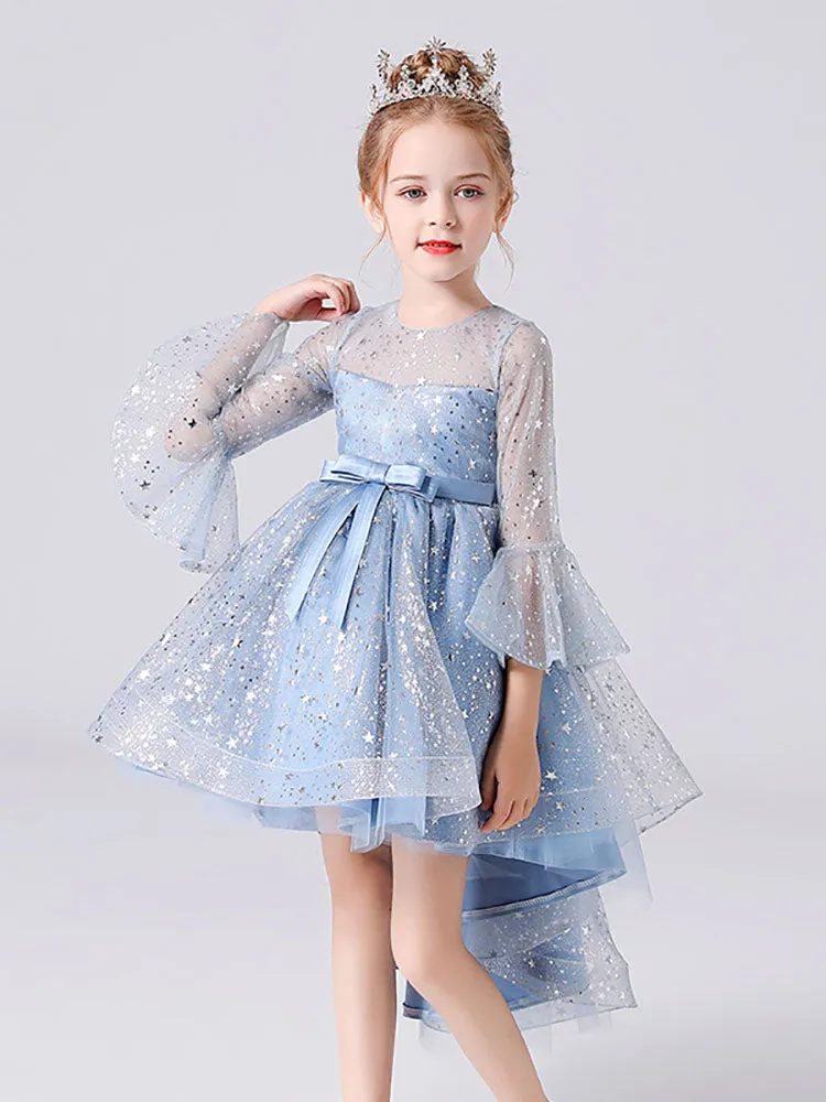 Light Sky Blue Jewel Neck Half Sleeves Sequins Formal Kids Pageant flower girl dresses