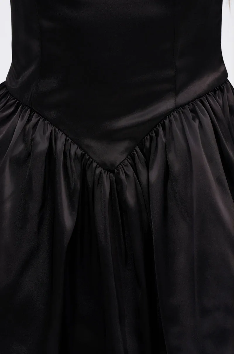 LIKE DAYLIGHT SATIN MINI DRESS IN BLACK
