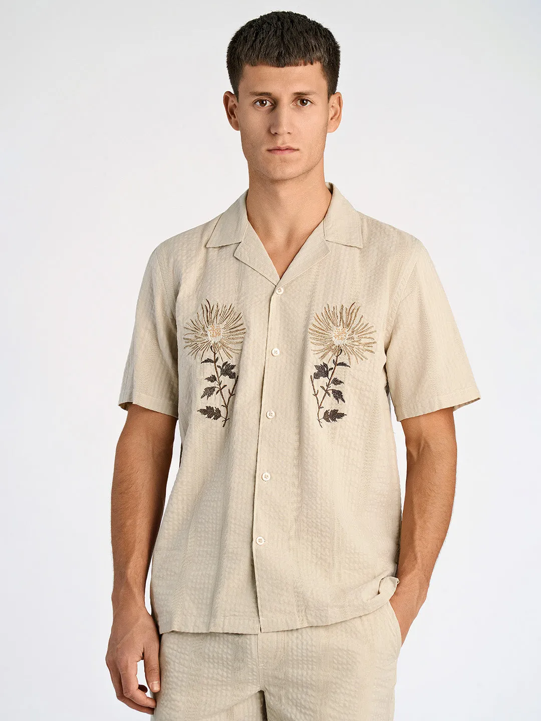 Lindbergh Men Cream Regular Fit Embroidered Shirt Collar Shirt