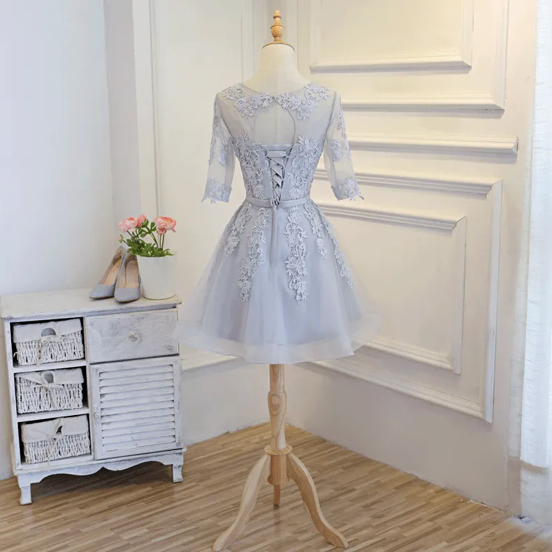Long Sleeve Grey Lace Cheap Short Homecoming Dresses Online, CM670
