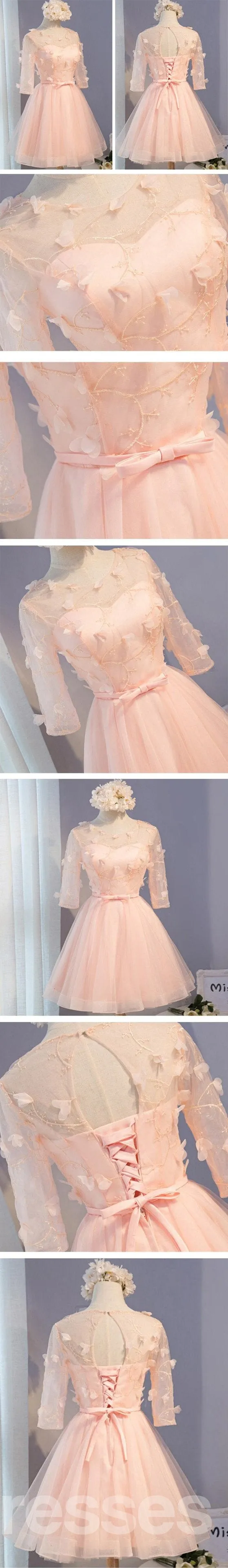 Long Sleeve Light Peach Open Back Lace Cute Homecoming Prom Dresses, Affordable Short Party Prom Dresses, Perfect Homecoming Dresses, CM319