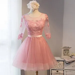 Long Sleeve Pink Lace Short Homecoming Prom Dresses, Affordable Short Party Prom Sweet 16 Dresses, Perfect Homecoming Cocktail Dresses, CM371