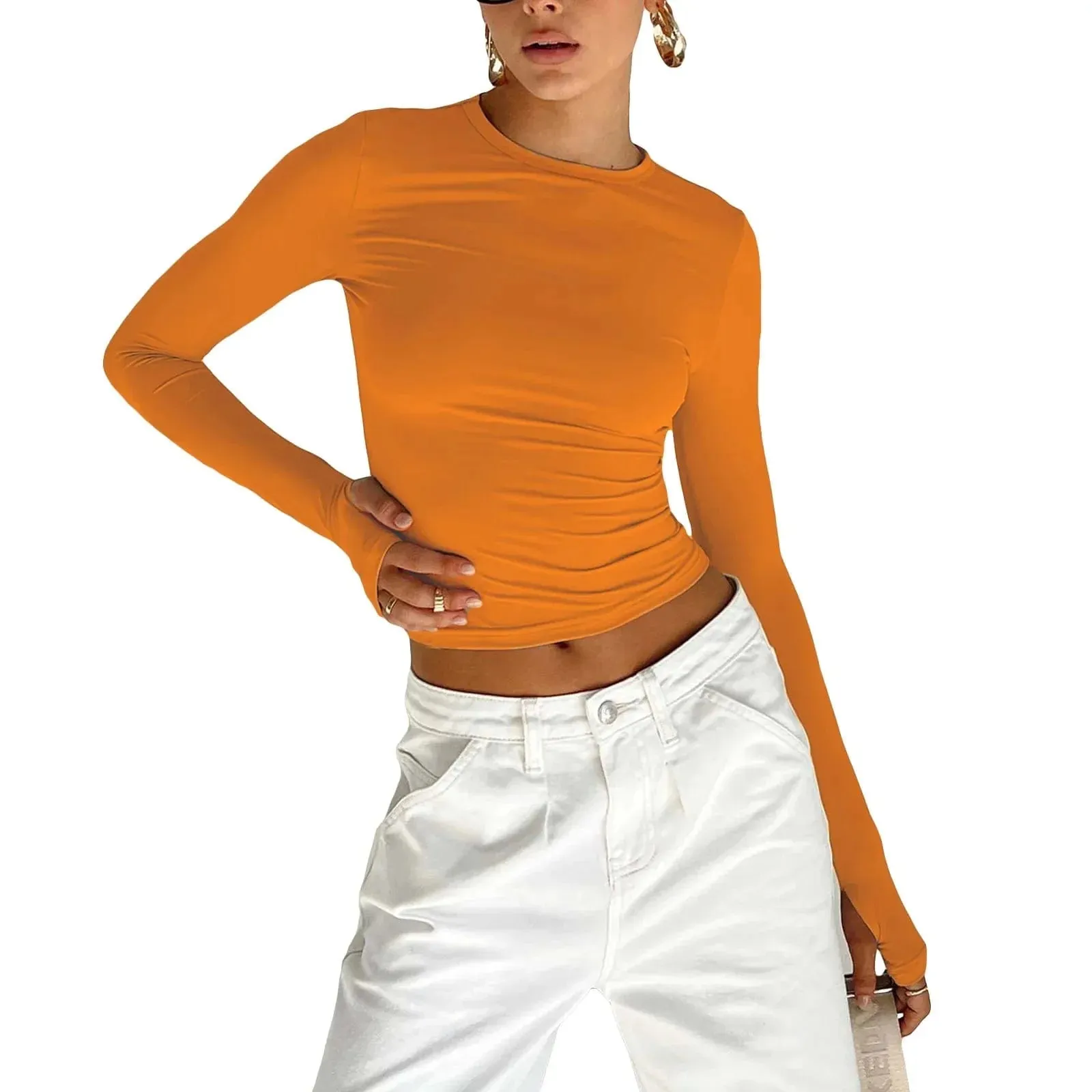 Long Sleeve Slim Fit Crop Top with Thumb Holes