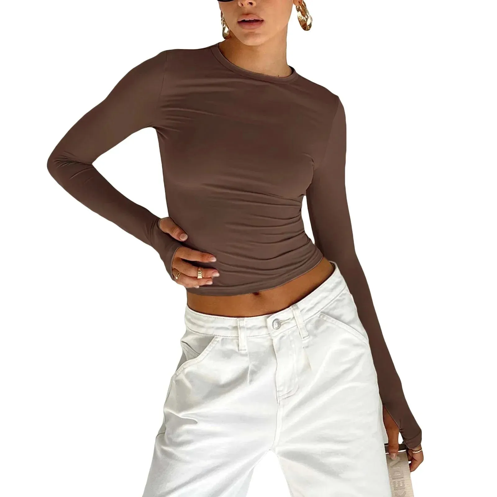 Long Sleeve Slim Fit Crop Top with Thumb Holes