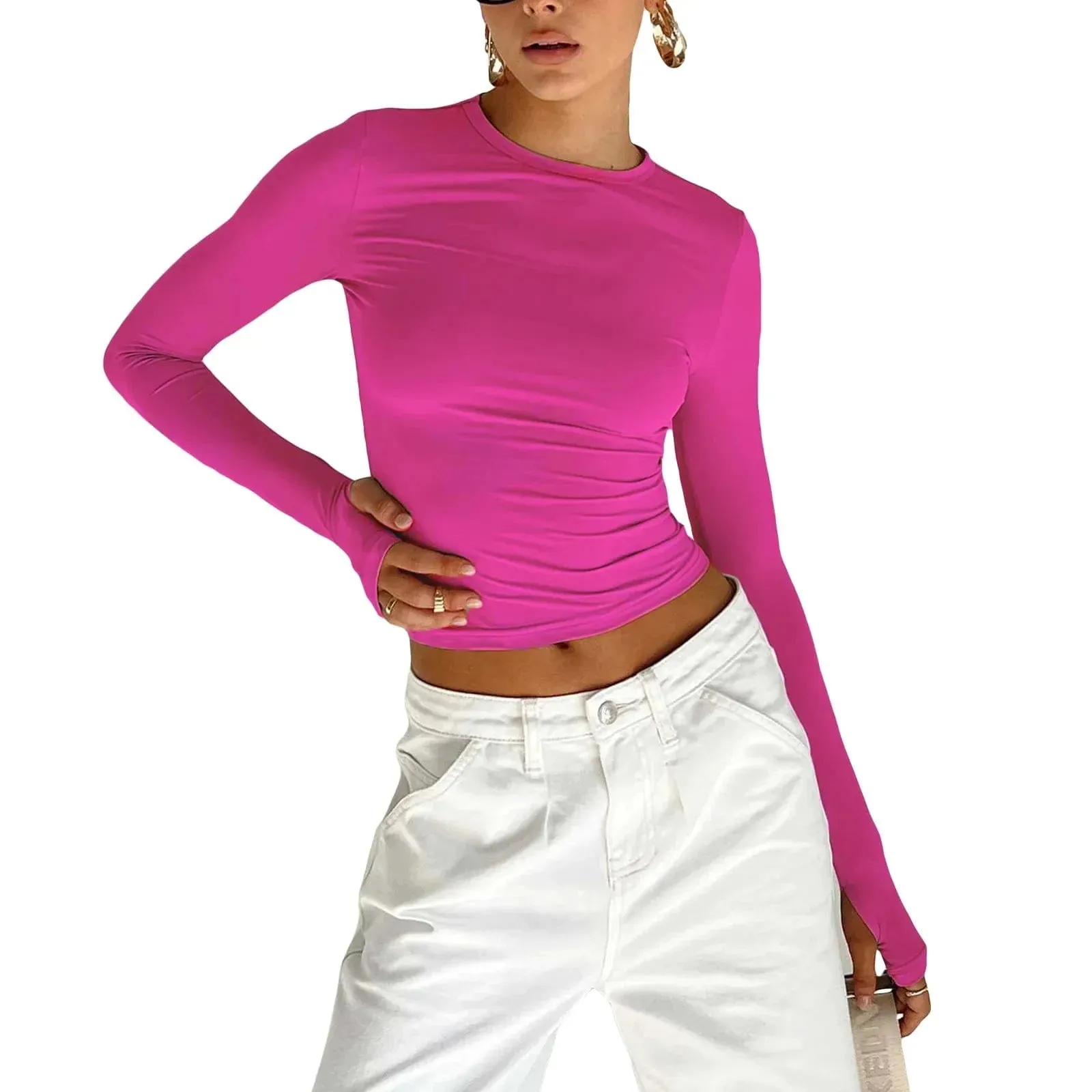 Long Sleeve Slim Fit Crop Top with Thumb Holes