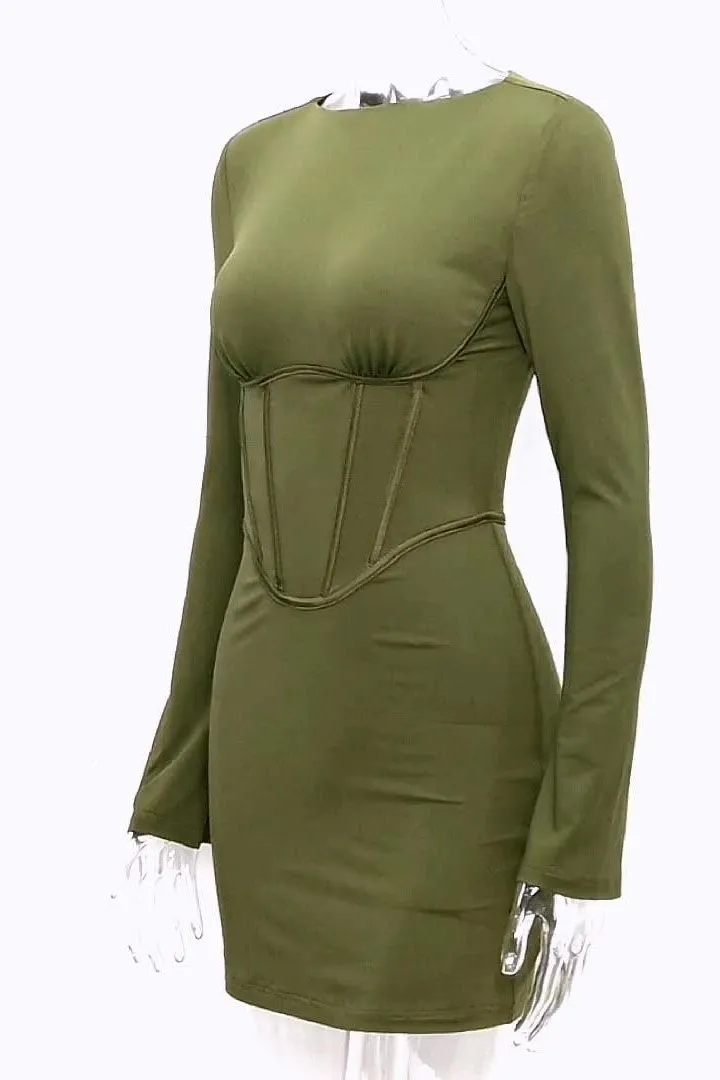 Long-sleeved fish bone waist slim backless dress