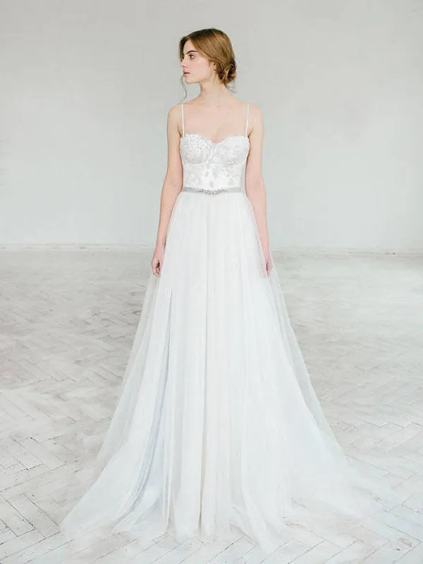 Long Wedding Dress, Tulle Wedding Dress, Spaghetti Straps Wedding Dress, A-Line Bridal Dress, Gorgeous Wedding Dress, Applique Bridal Dress, Backless Wedding Dress, LB0800