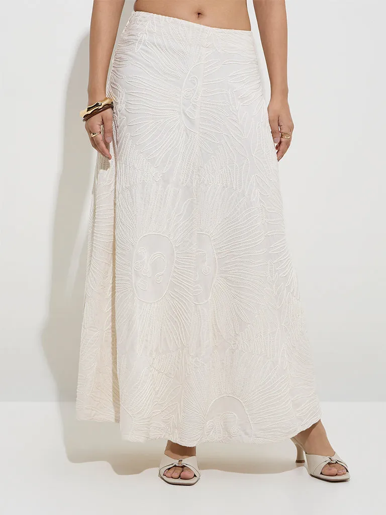 LOV Off-White Embroidered Mid-Rise Skirt