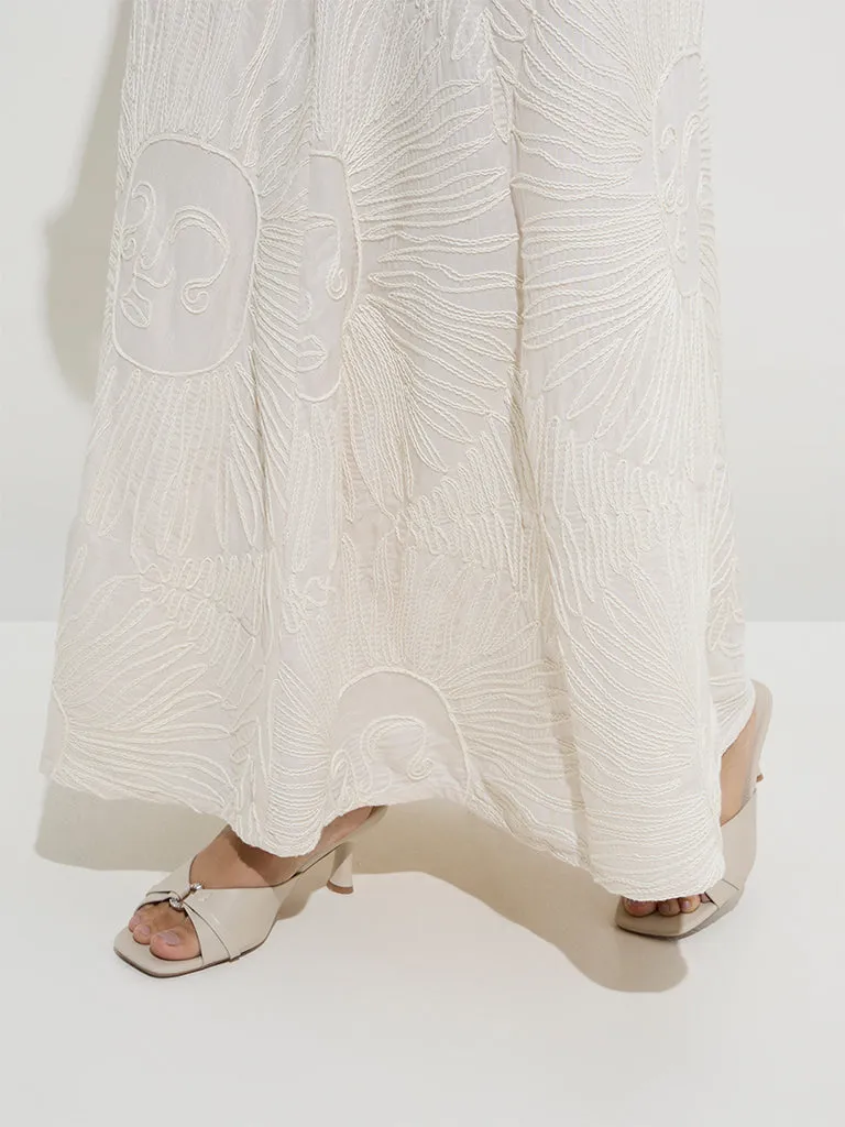 LOV Off-White Embroidered Mid-Rise Skirt