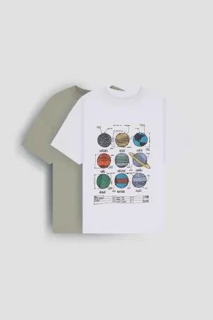 <tc>T-shirt imprimé avec des planètes en 100% coton - Ensemble de deux t-shirts oversize pour garçon, écru/kaki.</tc>