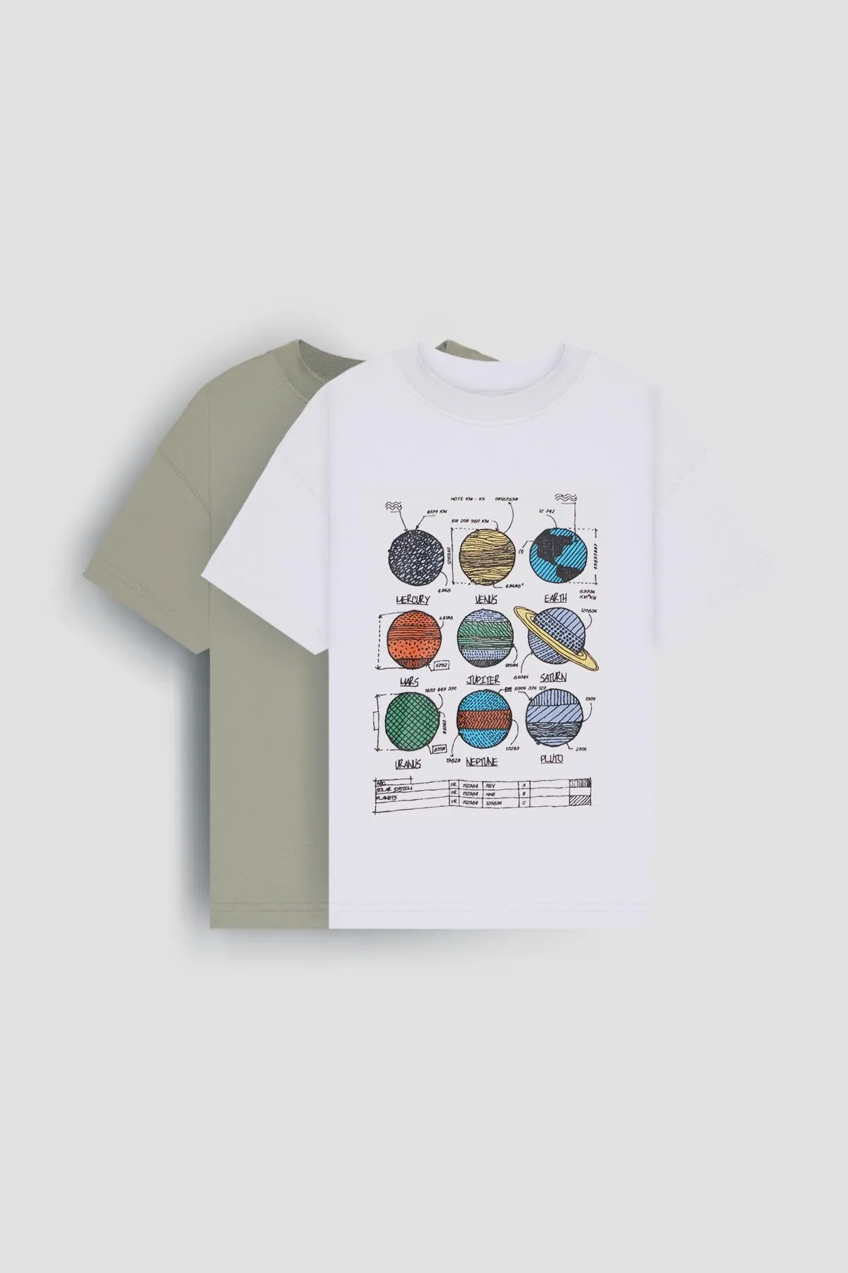 <tc>T-shirt imprimé avec des planètes en 100% coton - Ensemble de deux t-shirts oversize pour garçon, écru/kaki.</tc>