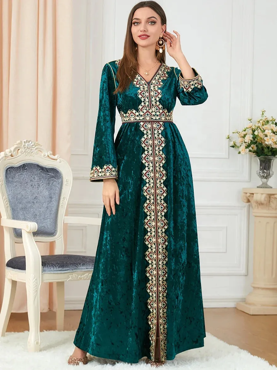 Luxury Green Velvet Floral Weaving Moroccan Kaftan