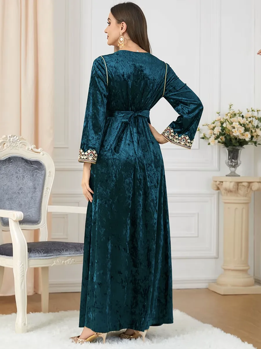 Luxury Green Velvet Floral Weaving Moroccan Kaftan