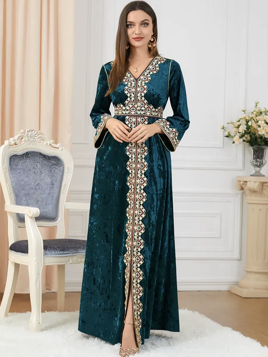Luxury Green Velvet Floral Weaving Moroccan Kaftan