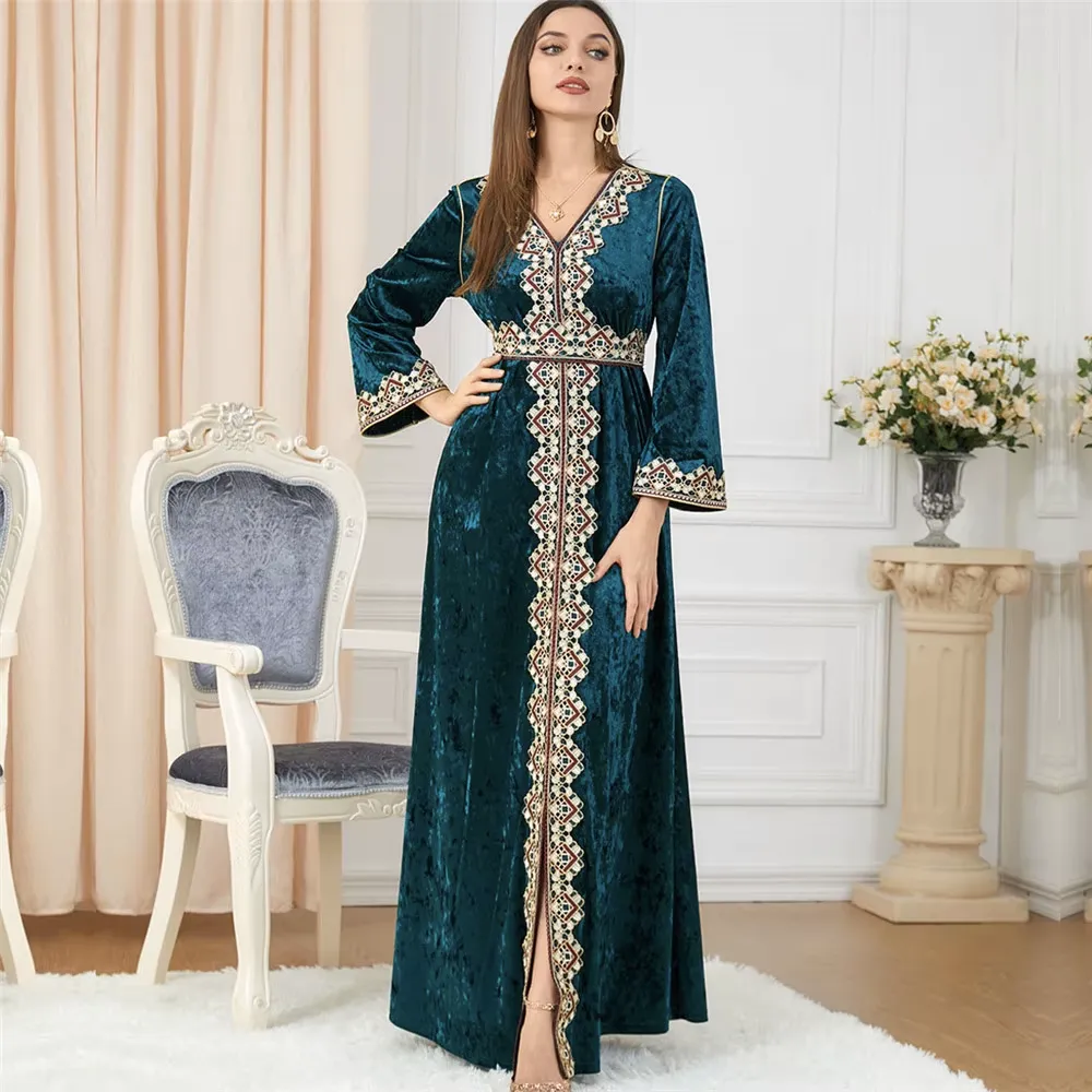 Luxury Green Velvet Floral Weaving Moroccan Kaftan