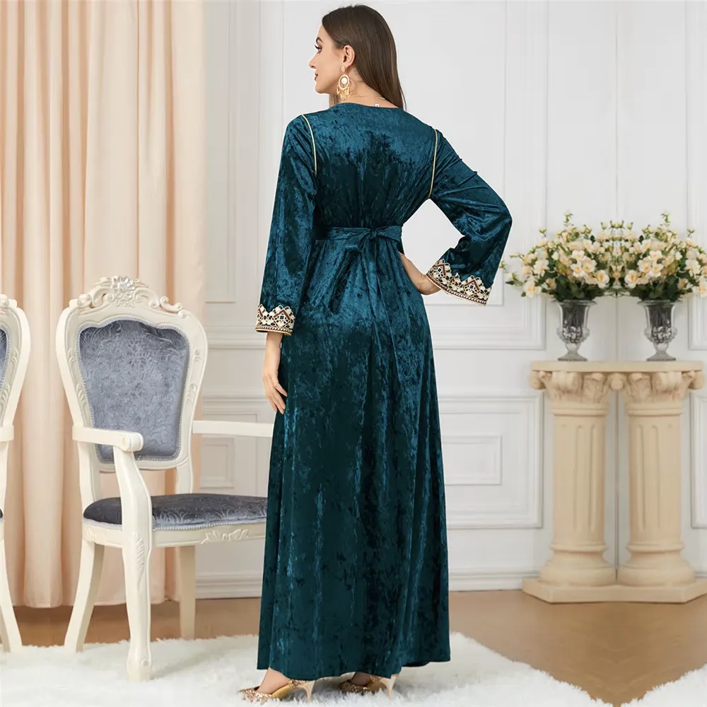 Luxury Green Velvet Floral Weaving Moroccan Kaftan
