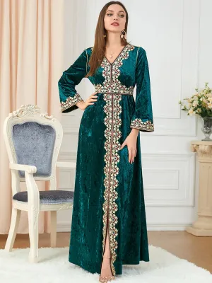 Luxury Green Velvet Floral Weaving Moroccan Kaftan
