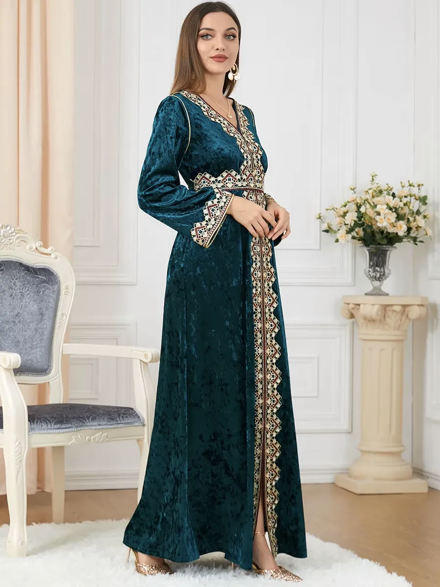 Luxury Green Velvet Floral Weaving Moroccan Kaftan
