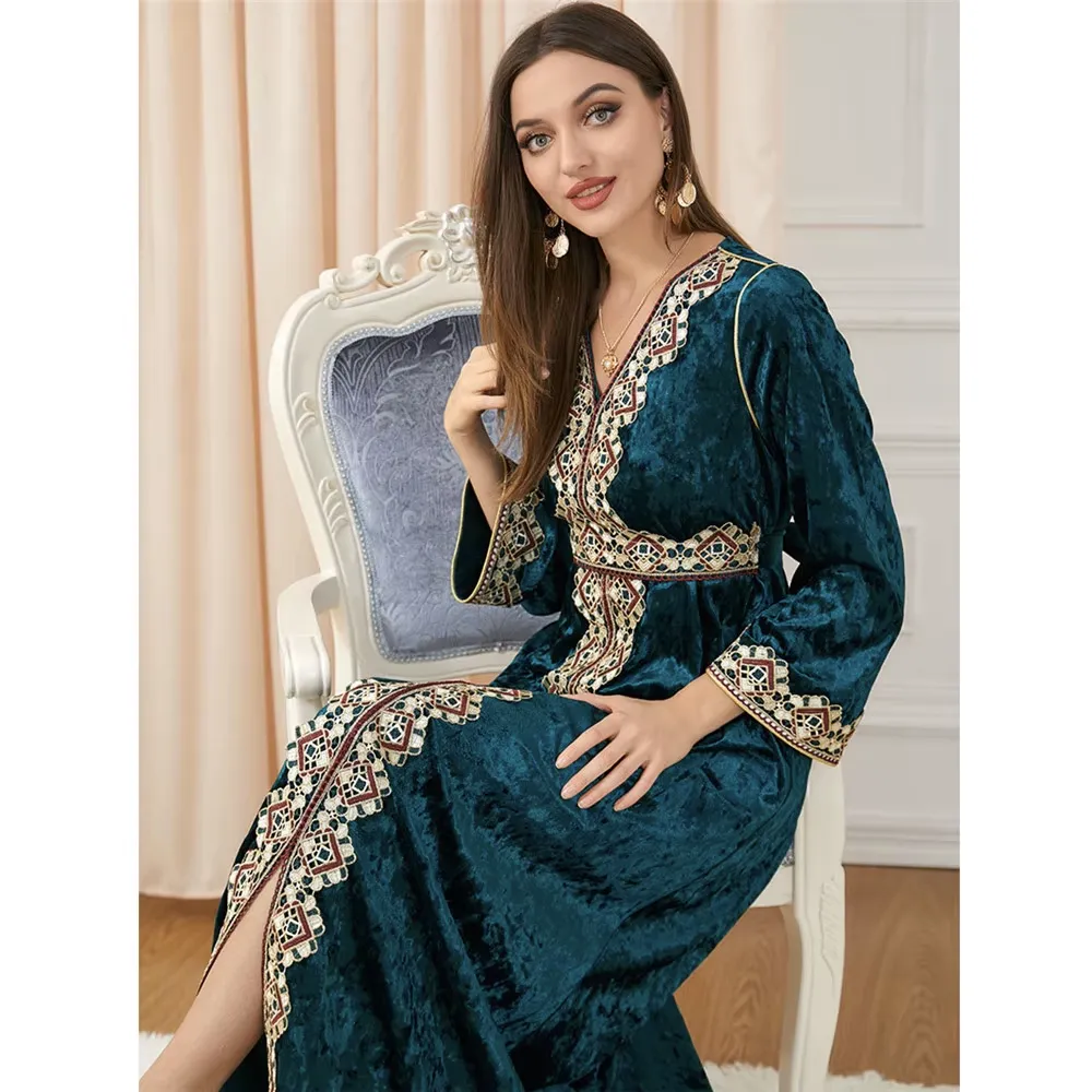 Luxury Green Velvet Floral Weaving Moroccan Kaftan
