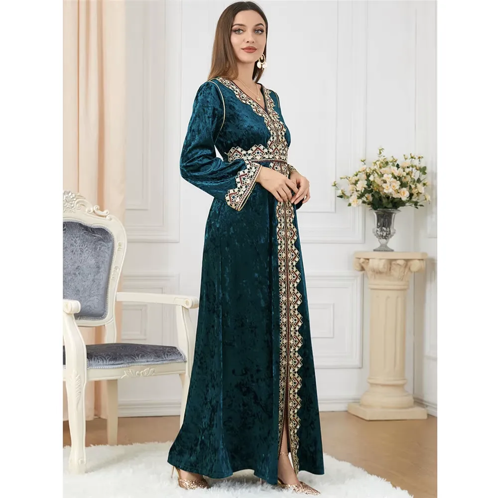Luxury Green Velvet Floral Weaving Moroccan Kaftan