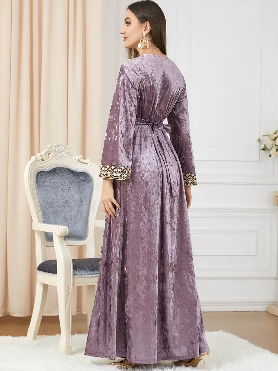 Luxury Pink Velvet Floral Weaving Moroccan Kaftan