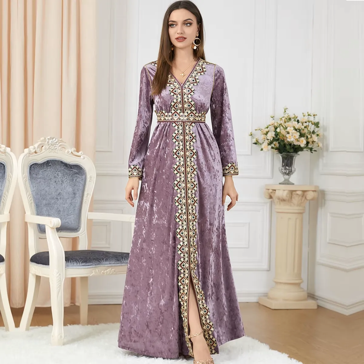 Luxury Pink Velvet Floral Weaving Moroccan Kaftan