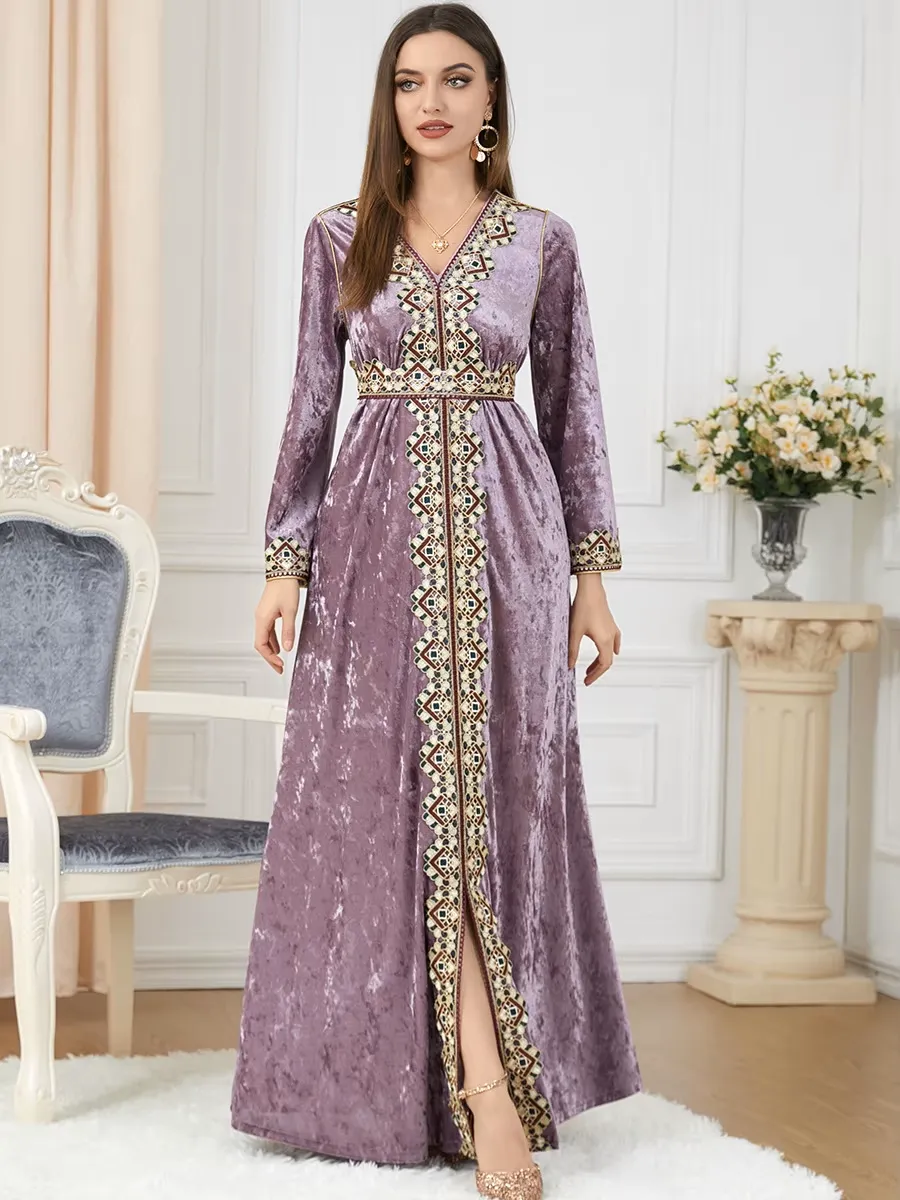 Luxury Pink Velvet Floral Weaving Moroccan Kaftan