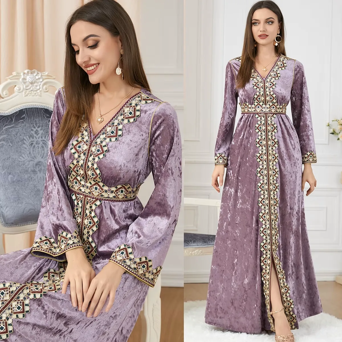 Luxury Pink Velvet Floral Weaving Moroccan Kaftan