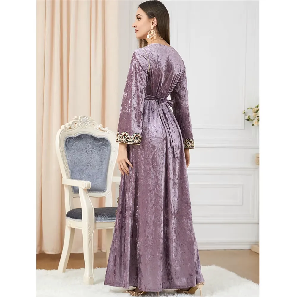 Luxury Pink Velvet Floral Weaving Moroccan Kaftan