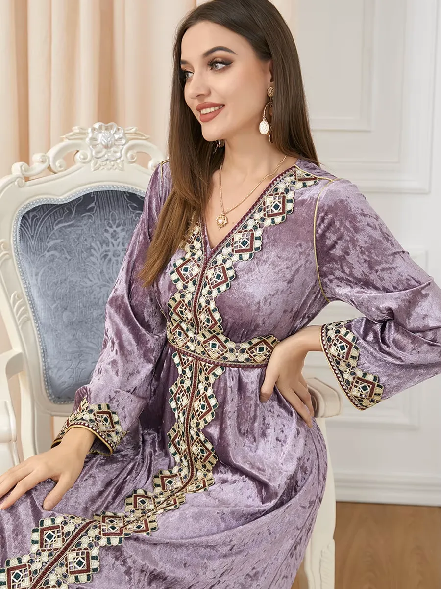 Luxury Pink Velvet Floral Weaving Moroccan Kaftan