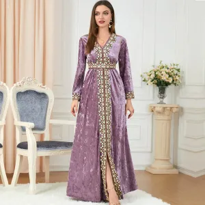 Luxury Pink Velvet Floral Weaving Moroccan Kaftan
