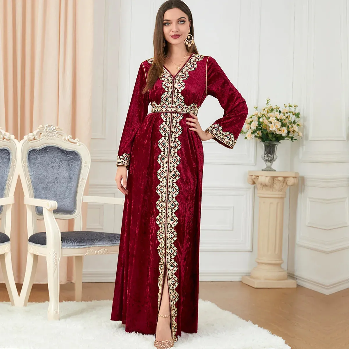 Luxury Red Velvet Floral Weaving Moroccan Kaftan