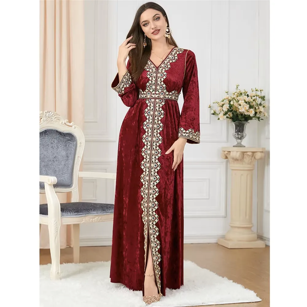 Luxury Red Velvet Floral Weaving Moroccan Kaftan