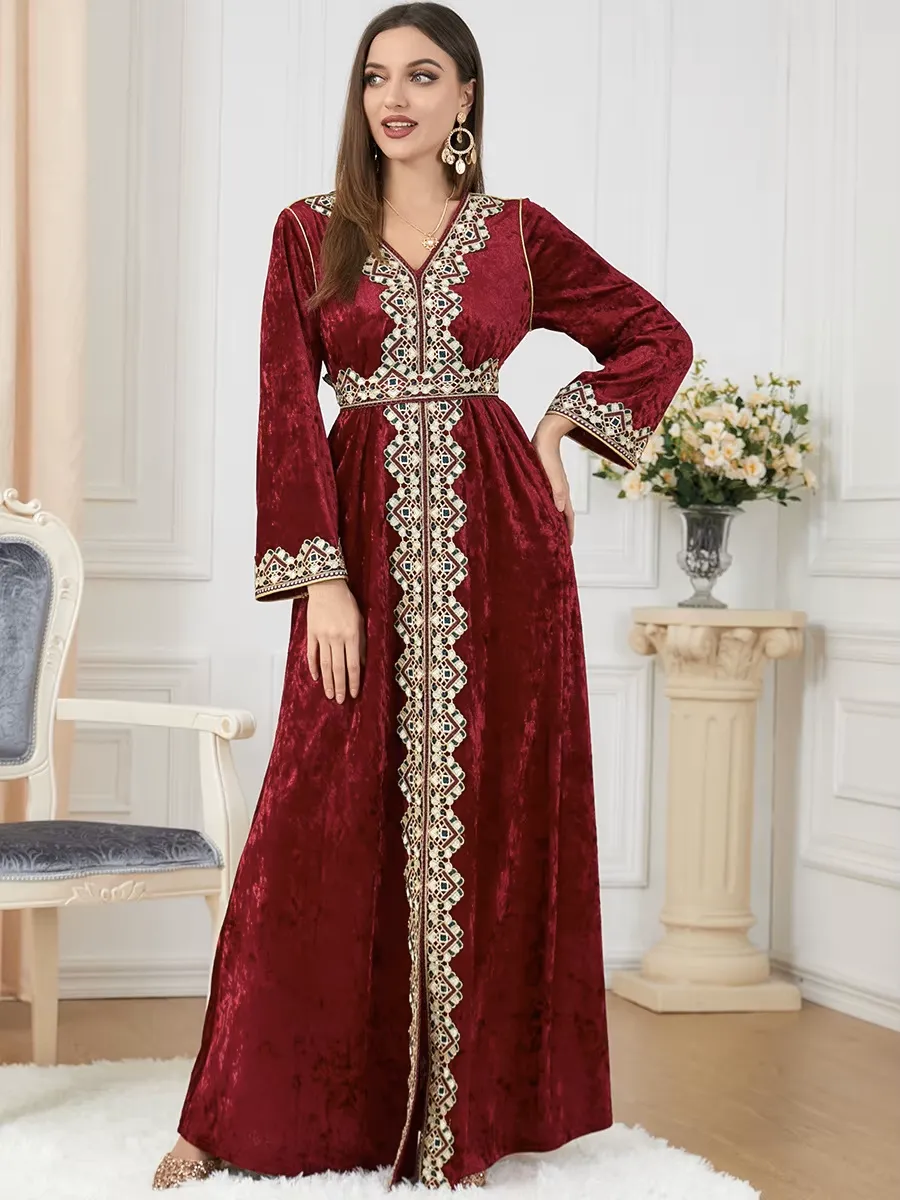 Luxury Red Velvet Floral Weaving Moroccan Kaftan