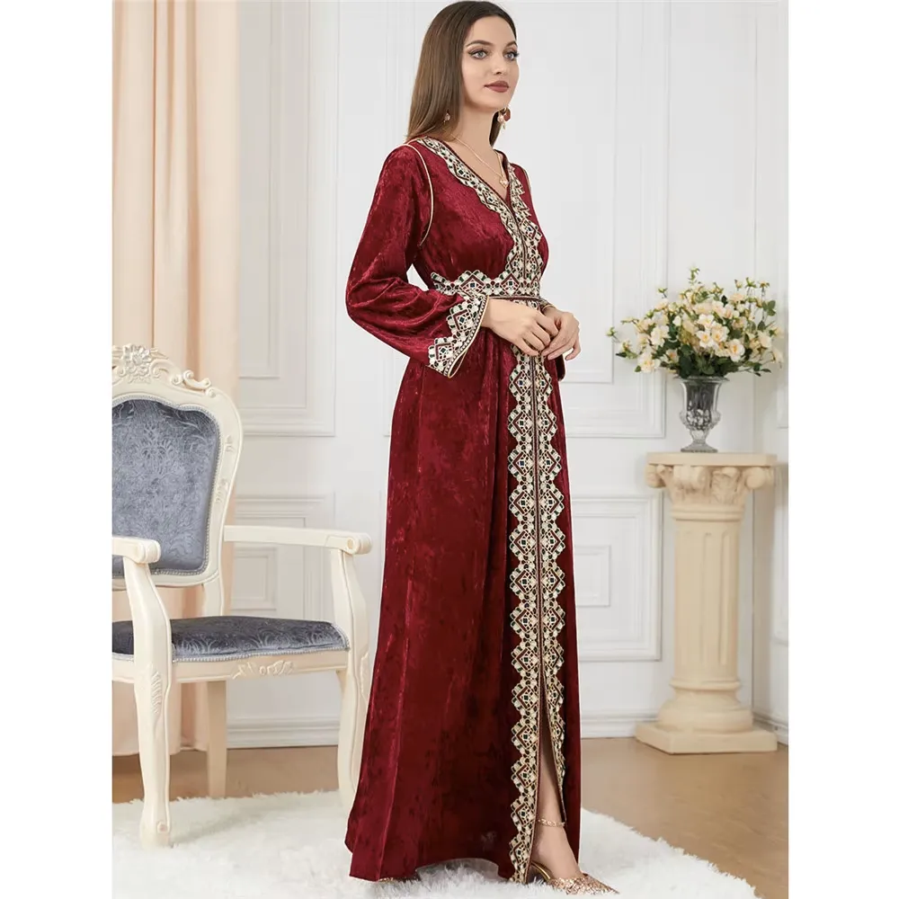 Luxury Red Velvet Floral Weaving Moroccan Kaftan