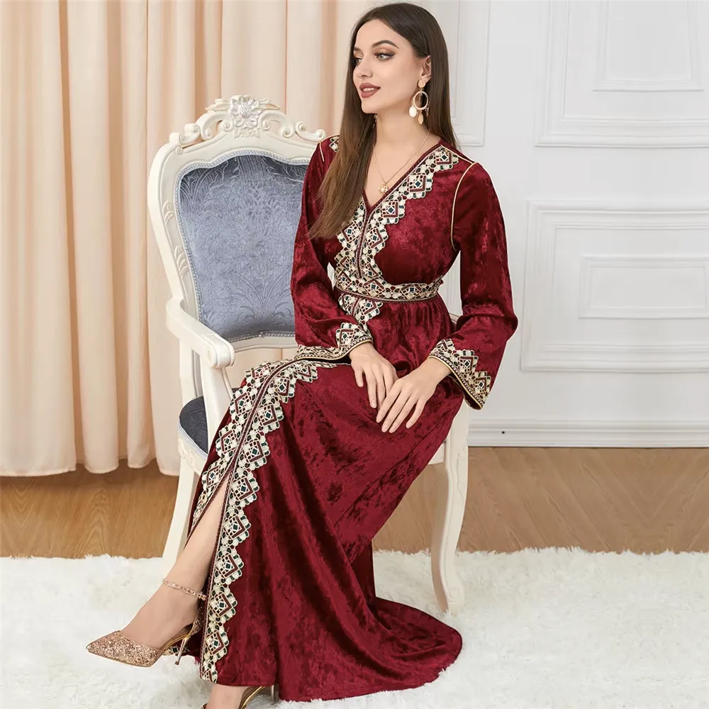 Luxury Red Velvet Floral Weaving Moroccan Kaftan
