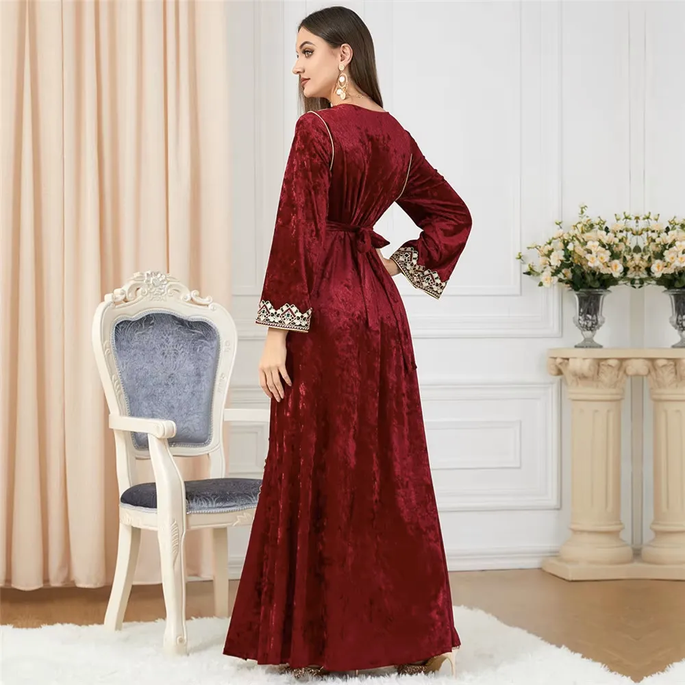 Luxury Red Velvet Floral Weaving Moroccan Kaftan