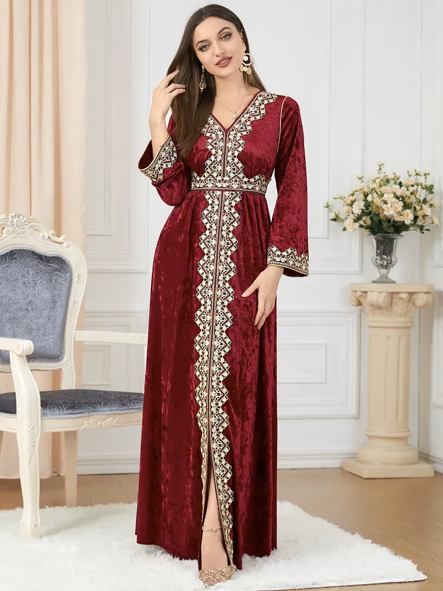 Luxury Red Velvet Floral Weaving Moroccan Kaftan
