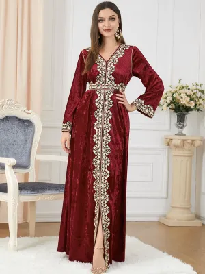 Luxury Red Velvet Floral Weaving Moroccan Kaftan