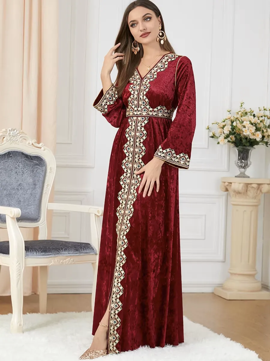 Luxury Red Velvet Floral Weaving Moroccan Kaftan