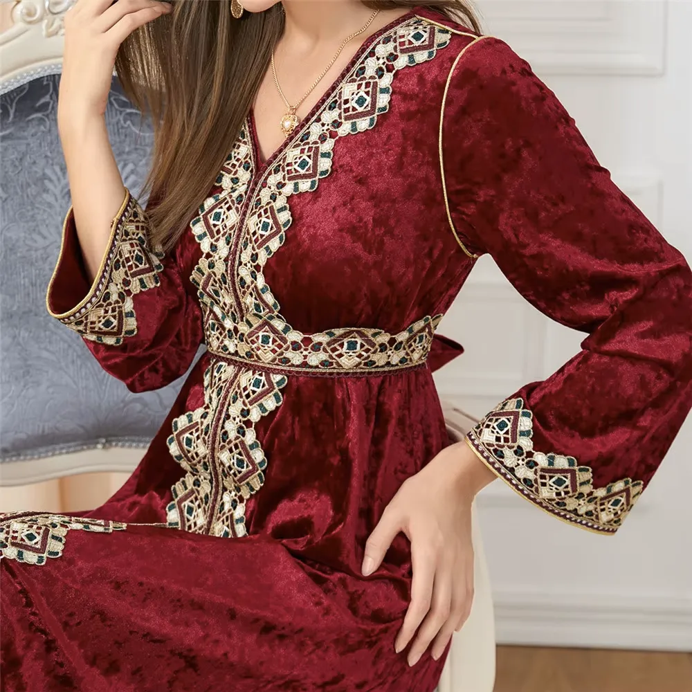 Luxury Red Velvet Floral Weaving Moroccan Kaftan